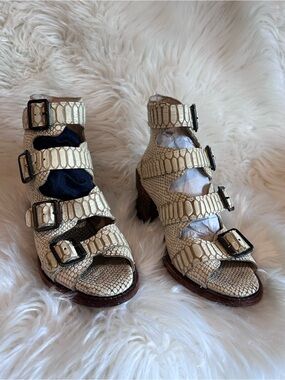 Freebird Quail white snake-Embossed Buckle Heeled Booties